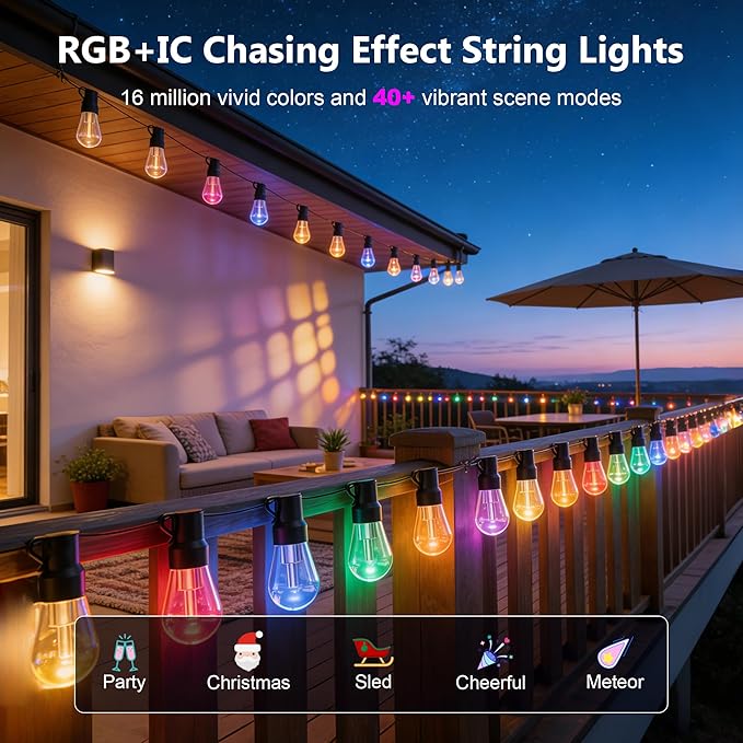 Beizelte Outdoor String Lights, 200FT RGB+IC Outside Light Dimmable Shatterproof LED Bulbs, IP67 Waterproof Chasing Effect Lighting DreamColor Patio Strip Lights for Backyard, Balcony, Outdoor Living