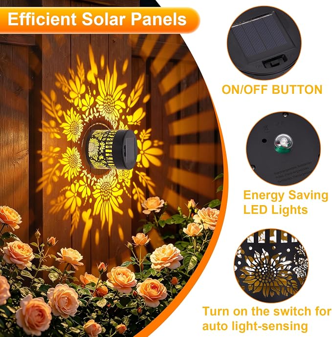 2 PCS Solar Fence Lights Outdoor, Metal Solar Powered Wall Deck Step Lights 2026 New Sunflower, Hanging LED Waterproof Decorative Lighting for Garden Patio Backyard Post Decor(Warm Light)