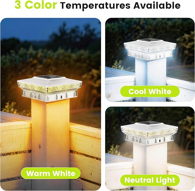 KEILAIMO Solar Post Cap Lights 6 Packs for 4x4 Wooden/Vinyl Posts, IP65 Waterproof Fence Post Solar Lights with Warm/Cool/Neutral Lighting, Outdoor Post Lights for Garden, Patio, Porch- White