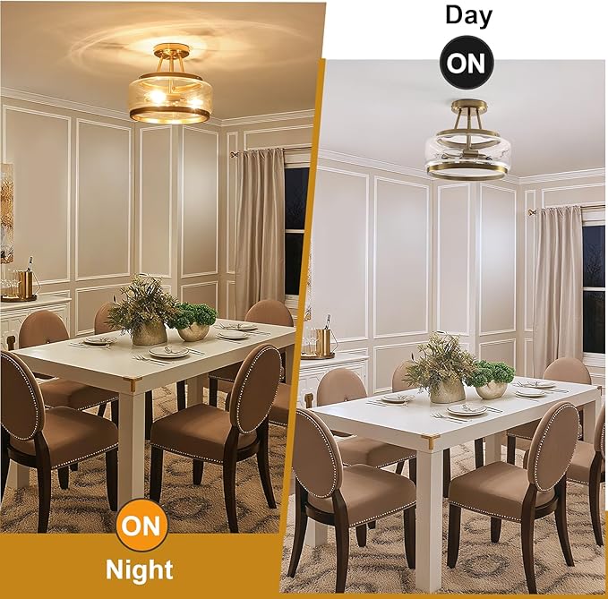 11.8" Gold Semi Flush Mount Ceiling Light, Small Ceiling Lighting Modern Clear Glass Flush Mount Drum Light Fixture for Dining Room Foyer Entryway Bedroom Kitchen Bathroom 3-Light