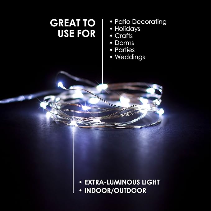 30 LED Wire Twinkle Fairy Lights, Battery Powered, Waterproof — Christmas, Holidays, Halloween, Wedding — Bedroom, Living Room — 9.5 Ft, Cool White, Indoor & Outdoor