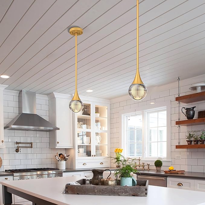 1-Pendant Lights Kitchen Island, Brass Gold Globe Crystal Ceiling Hanging Light Fxitures, LED Light Fixtures Metal Rod Ceiling Glass Pendant Lighting for Kitchen Island Dining Room Bar