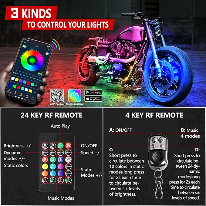 Hovano 16PCS Motorcycle Magic-RGB LED Light Kits with Brake Light Turn Signal, Chasing Motorcycle LED Underglow Kit with APP/IR/RF Remote Control,12V Waterproof Neon Accent Light for Golf ATV UTV