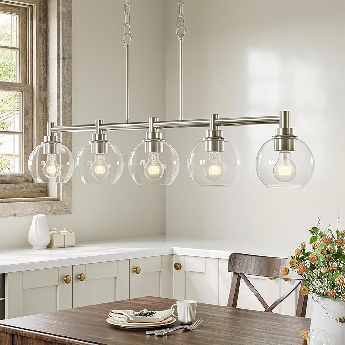 VONLUCE Dining Room Light Fixture Over Table, 5-Light Kitchen Island Lighting with Round Glass Shades & Adjustable Hanging Heights, Linear Chandlier for Dining Room Kitchen, Nickel, ETL Certificated