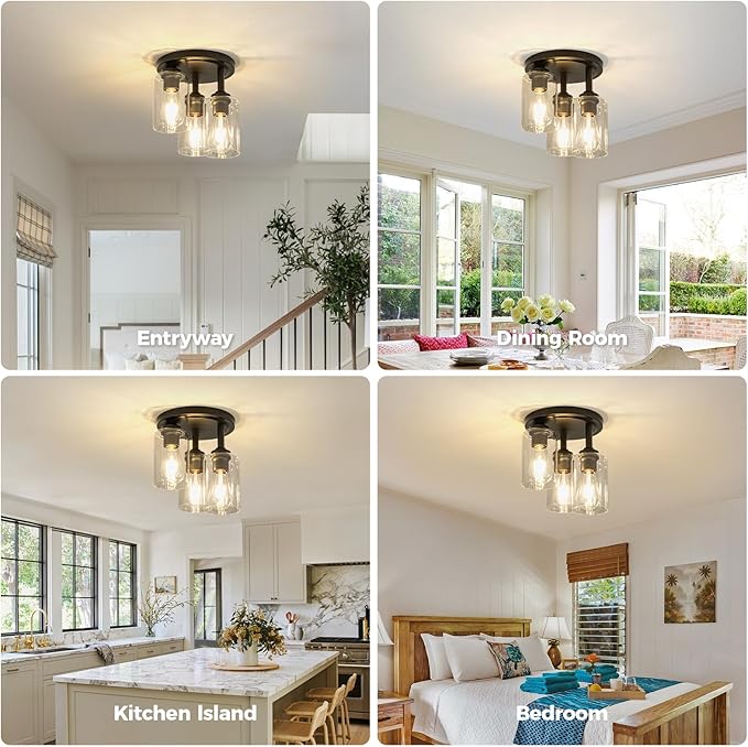 Mayful Semi Flush Mount Ceiling Light, 3-Light Black Fixture with Clear Glass Shade, Cluster Cylinder Design for Kitchen Dining Room Hallway Foyer Entryway