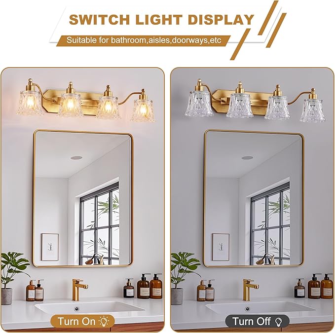 Gold Bathroom Light Fixture, 4 Light Brass Vintage Vanity Light, Antique Gold Finish with Crystal Glass Shade, Antique Brushed Gold Vanity Lights for Bathroom/Bedroom/Hallway