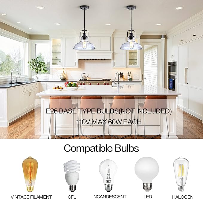 Zlepmlla Glass Pendant Light，Black Pendant Light Fixtures with Seeded Glass Shade, Adjustable Height Hanging Lights for Hallway, Kitchen Island, Dinning Room（Bulb not Included）