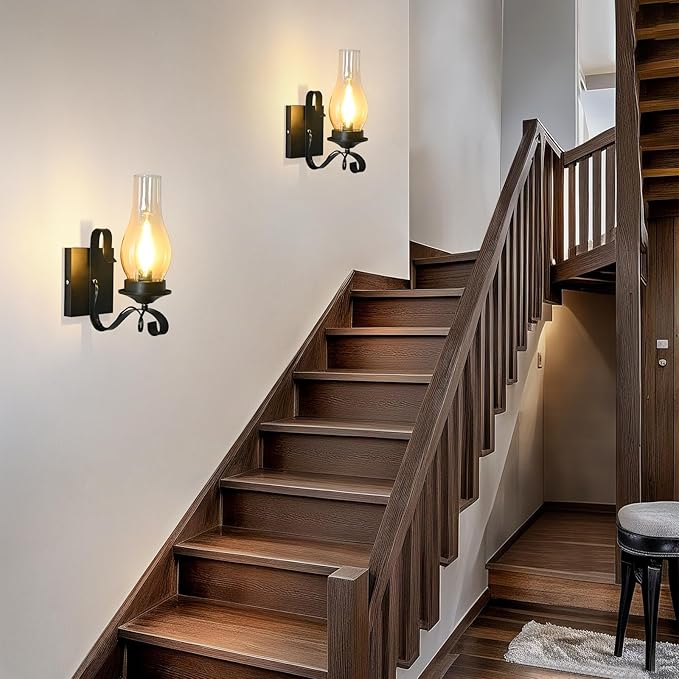 Rustic Wall Sconces Sets of 2, Black Hardwired Farmhouse Wall Sconce Indoor, Retro Wall Lamps with Amber Glass, Vintage Bedside Sconces Wall Lighting Lantern for Living Room Bathroom