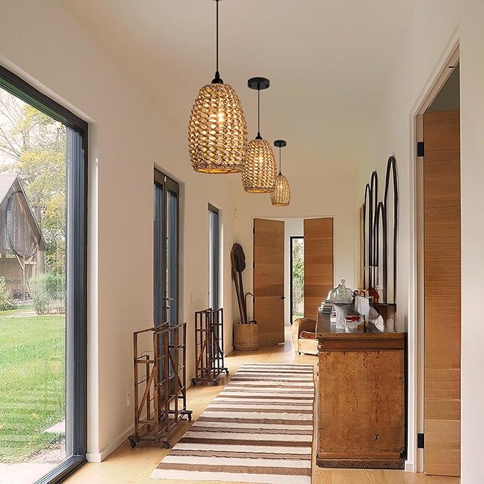 Mini Rattan Pendant Light Fixtures,7.09" Boho Pendant Light,3-Pack Hand Woven Seagrass Rattan Chandelier for Dining Living Bedroom Kitchen Farmhouse