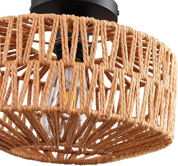 Ceiling Light Fixture,Hand-Woven Rattan Flush Mount Ceiling Light,Farmhouse Light Fixtures Ceiling Mount Boho for Hallway Bedroom Kitchen Entryway Living Room