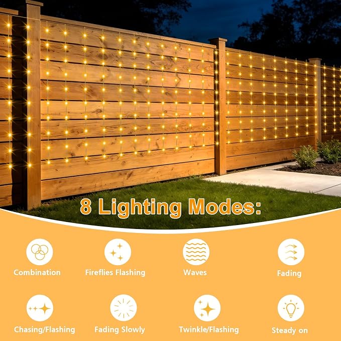 DBFAIRY Solar Curtain Lights 200 LED Outdoor Curtain Lights Waterproof | 13 x 3.9ft Solar Twinkle Curtain Lights with Remote Timer Dimmable for Garden Party Wedding Decór, Warm White