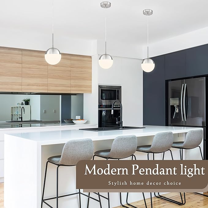 6 Inch Nickel 2 Pack Mid Century Modern Pendant Light Pendants for Kitchen Island Frosted Milky White Glass Globe Height-Adjustable Modern Hanging Globe Pendant Light for Bedroom (Bulb Incl)