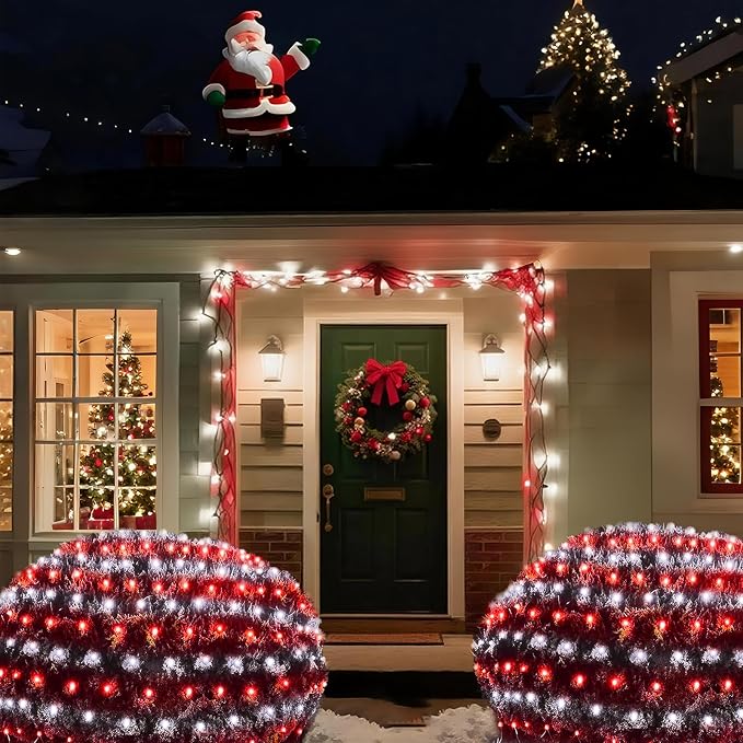 Pooqla Christmas Net Lights, 300LED Outdoor Net Mesh Lights, 14.8x4.9 ft Fairy String Lights 8 Modes Green Wire, Connectable Waterproof Decorative for Bushes Tree Garden Christmas, Red and White