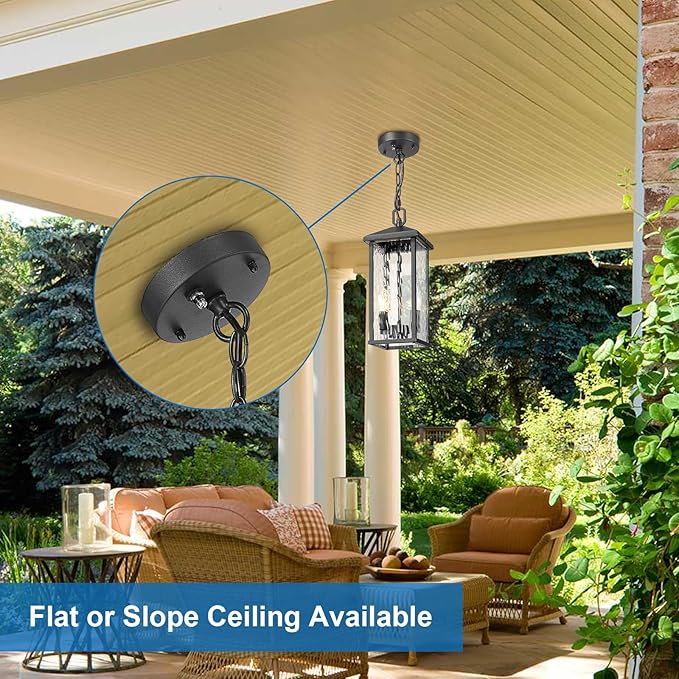 Outdoor Pendant Lights for Porch Chandelier Outdoor Pendant Lights Dusk to Dawn, 2-Light Modern Hanging Porch Lights Exterior Hanging Light Fixture with Water Ripple Glass for Patio Gazebo