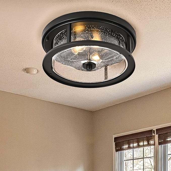 Black Ceiling Light Fixtures Flush Mount Light, 2 Bulb with Glass Flush Mount Ceiling Lights Fixture Bedroom, Indoor Outdoor Ceiling Lights for Porch Hallway Kitchen