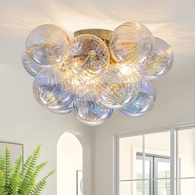 Semi Flush Mount Ceiling Light 18.5"-Glass Bubble Chandelier Lighting Modern Hallway Light Fixtures Brushed Gold with 13 Swirled Colorful Globe for Dining Room Kitchen Bathroom Entryway Bedroom