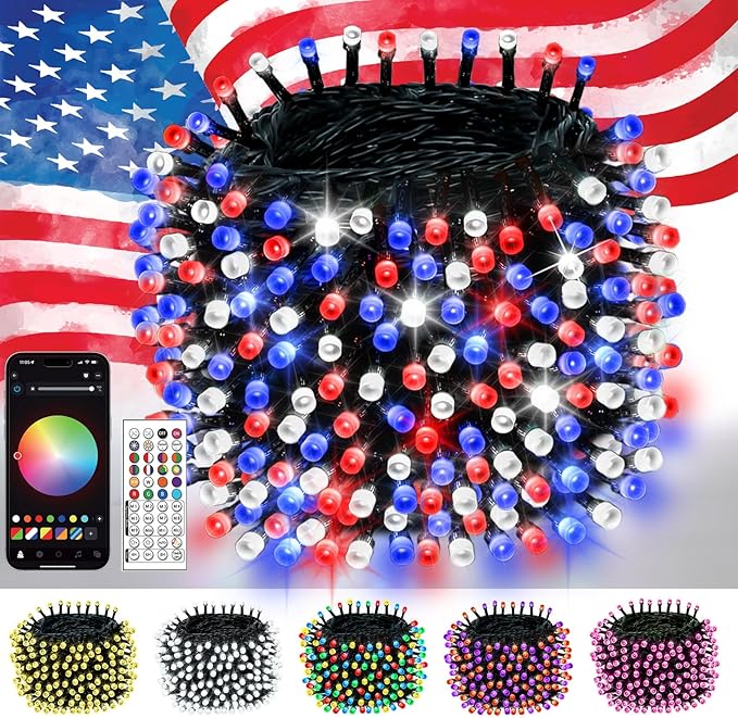 300LED Smart 4th of July String Lights | 107FT App Controlled Red White and Blue American Flag Lights, Waterproof Patriotic RGB Color Changing String Lights with Remote & Timer Outdoor for Memory Day
