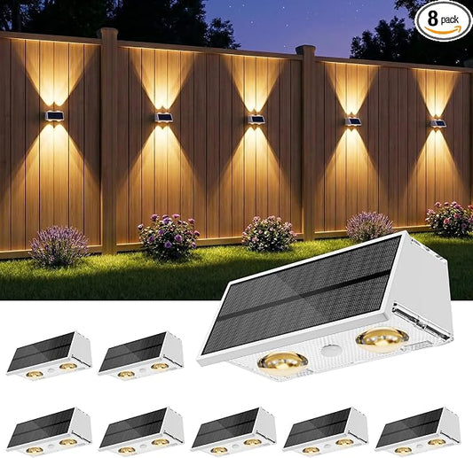 Bridika Solar Fence Lights, 8 Pack Up and Down Solar Lights Outdoor Waterproof, 8 Colors Lens LED Dusk to Dawn Wall Lights for Fence, Patio, Deck, Backyard, Garden White