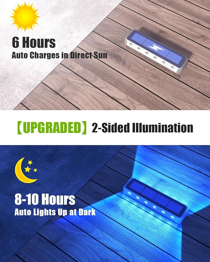 DetarZinLED Blue Solar Lights for Outside 6 Pack, 12 LEDs 2-Sided Illumination Solar Dock Lights Outdoor IP68 Waterproof, Auto On/Off Solar Deck Lights for Steps,Stairs,Driveway,Pathway,Sidewalk,Porch