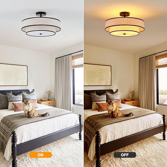 3-Light Drum Semi Flush Mount Ceiling Light, 18" Modern Black Ceiling Lighting Fixture, Vintage 2-Tier Linen Ceiling Lighting for Living Room, Bedroom, Kitchen, Dining Room, Hallway, Entryway