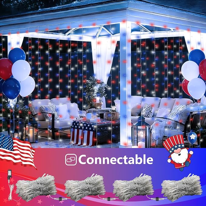 YEGUO 300 LED Red White and Blue Lights, 4th of July Lights Plug in, Patriotic Curtain Lights Hanging String Lights for Bedroom Wall Window Backdrop Indoor Outdoor Independence Memorial Day-9.8x9.8ft