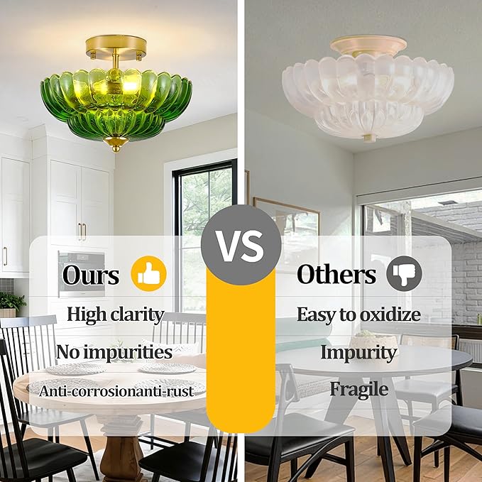 Semi Flush Mount Ceiling Light Green Crystal Glass Fixture - 12" Vintage Gold Close to Ceiling Lamp for Bedroom Hallway Kitchen Entryway, Mid Century Modern Art Deco Lighting (3-Light, E26 Base)