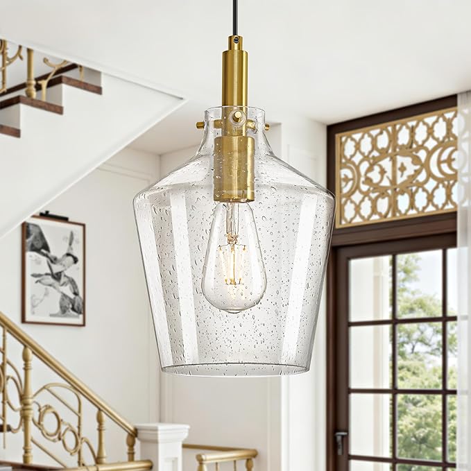 Modern Seeded Glass Pendant Lighting for Kitchen Island 1 Pack, Farmhouse Gold Pendant Light Fixtures, Height Adjustable Ceiling Pendant Light, Angled Seeded Glass Shades 8 Inch