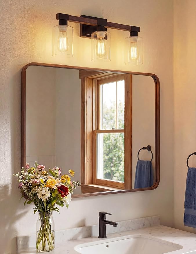 VOLISUN Farmhouse Bathroom Light Fixtures, 3 Light Bathroom Vanity Lights Over Mirror, Rustic Vanity Light for Bathrooms,Wood Bathrooms Lights Fixtures Over Mirror-UL Certificated