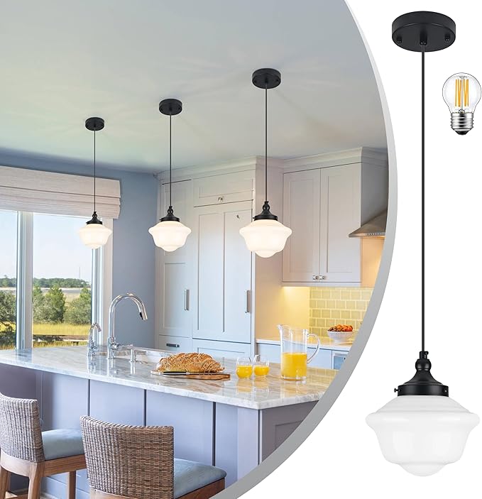 Bagood 8" Black Milk Glass Pendant Light Schoolhouse Pendant Light Schoolhouse Light Fixture Milk Glass Light Fixture Mid Century Modern Ceiling Light for Kitchen Island Bedroom Bathroom (Bulb Incl.)