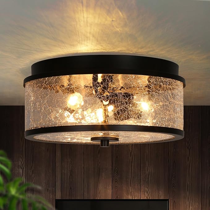 KSANA Black Flush Mount Ceiling Light, Modern Farmhouse 3-Light Close to Ceiling Light Fixtures with Crackled Glass Shade for Bedroom, Hallway, Foyer, Kitchen and Dining Room