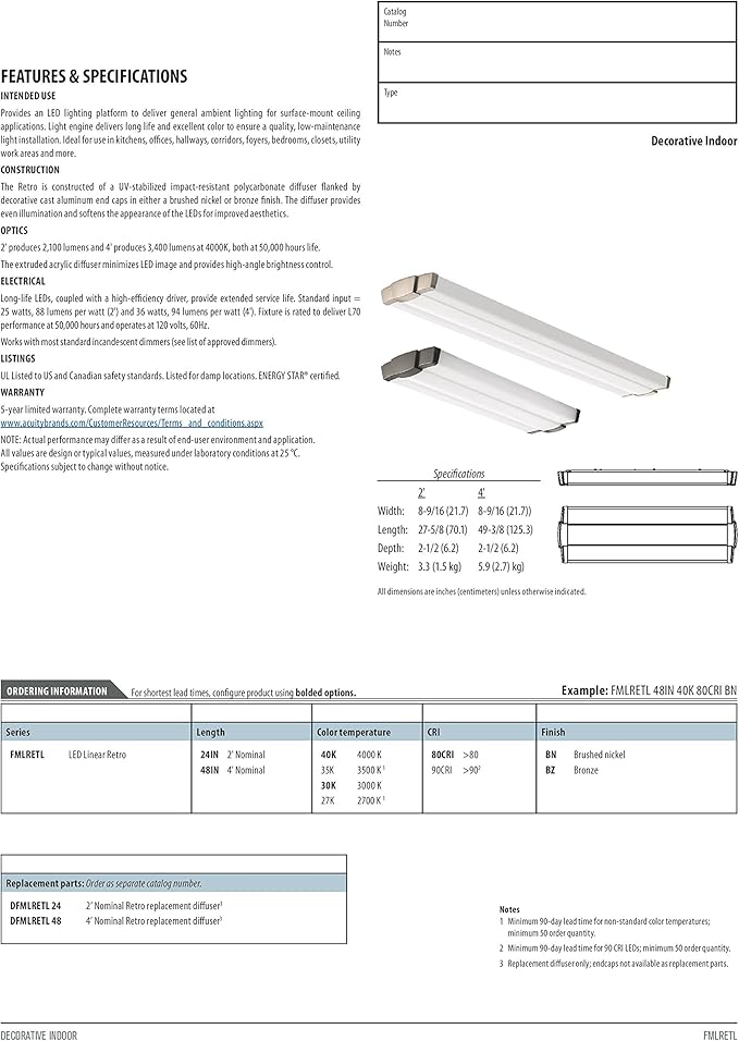 Lithonia Lighting FMLRETL 48IN 30K 80CRI BZ LED Linear Flush Mount Light, 3000k, 36 watts, 3100 lumens, 4 feet, Bronze