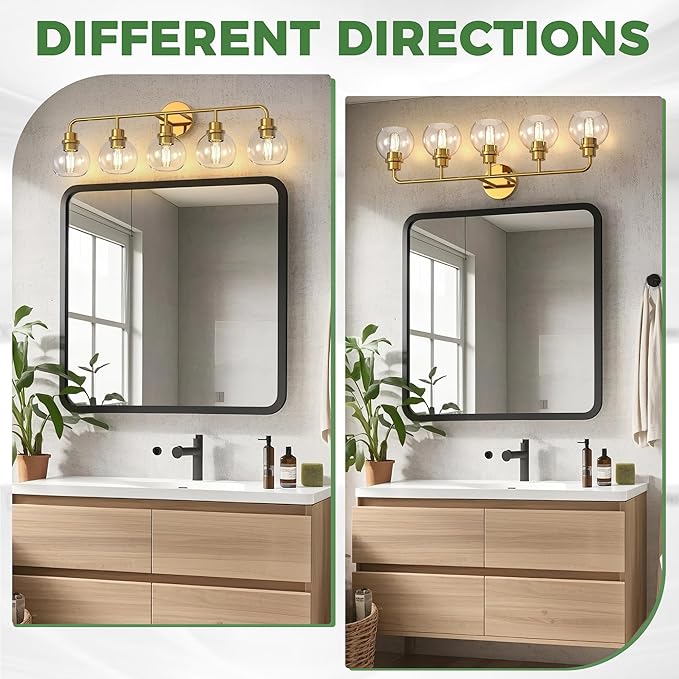 DORESshop 5-Light Bathroom Light Fixtures, 32.67-Inch Gold Bathroom Vanity Light with Clear Glass Globe Shade, Modern Vanity Lights for Bathroom Living Room Hallway Bedroom, E26, ETL Listed