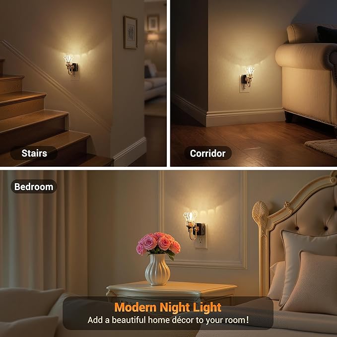 JandCase Night Light, 2Pack Night Lights Plug into Wall, Dimmble Floral Glass LED Nightlight, 0-100 LM Flower Nightlights, Dusk to Dawn Sensor, 1W Vintage Nite Light for Bathroom Gift Vanity Decor