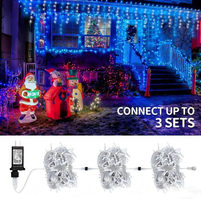 Icicle Lights Outdoor Decorations 300 LED 33ft 8 Modes Curtain Fairy String Light with 50 Drops, LED String Light Indoor for Wedding Party Holiday Christmas Decorations,Blue+White