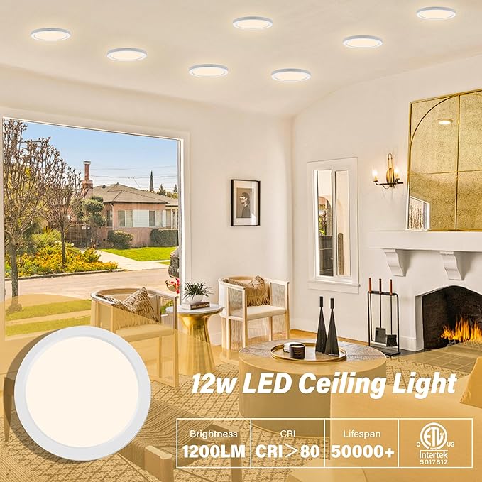 Flush Mount Ceiling Light Fixture - ETL Certified - 7 Inch Dimmable 3000K Warm White LED, 0.63'' Ultra Thin Round Design for Bedroom, Bathroom, Kitchen, Hallway, Basement, Closet (3-Pack)‌