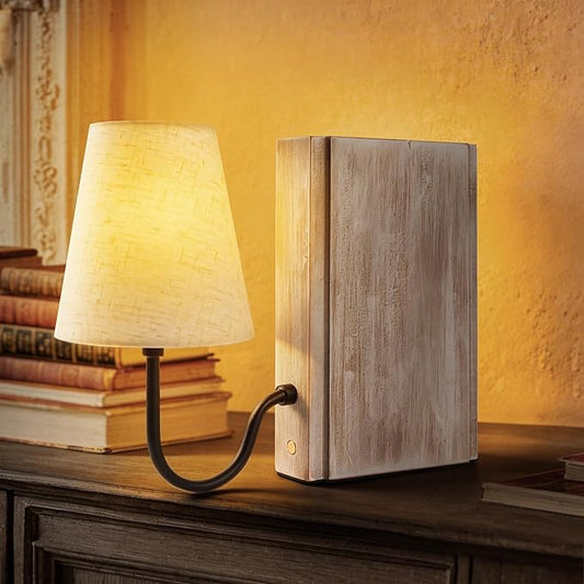 AELS Wooden Bookshelf Lamp with Bulb, Cordless Touch Dimmable Table Lamp with Linen Fabric Shade, Battery Operated, Modern Farmhouse Decorative Bookend, Book Sconce for Office Home Bedroom, White