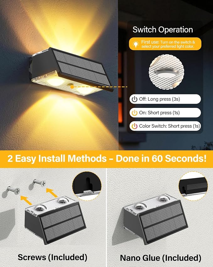 Solar Fence Lights Outdoor, 100LM Fence Lights Solar Powered, 9 Color Modes, Up and Down LED Focused Beam, 12H Dusk to Dawn Glow for Pool/Patio/Wall/Backyard - 2 Pack, Matte Black