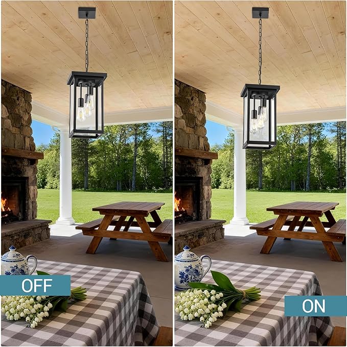 LOUSACE 3-Light Outdoor Pendant Light for Porch, 16'' Large Exterior Hanging Pendant Light Fixture Black Outdoor Chandelier with Clear Glass, Outside Porch Light for Front Door Entrance Balcony Foyer