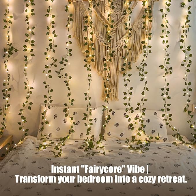 Bexdir 200 LED Vine Lights for Bedroom Decoration, 6.6x6.6ft Pre-assembled Hanging Fake Vines with Fairy Lights Plug in, Aesthetic Artificial Pothos Curtain Lights for Room Wall Decor, Remote Included