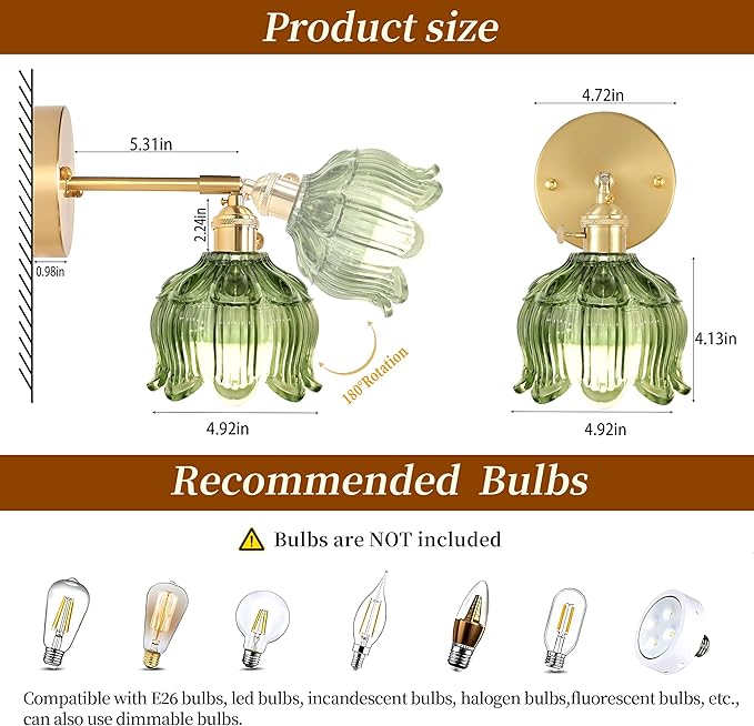 Wireless Wall Sconce with Flower lampshade, Battery Operated Wall Lights,Wall lamp with 15 Colors for Bedroom Living Room Home Decor (Green, 2 Light Battery Operated)