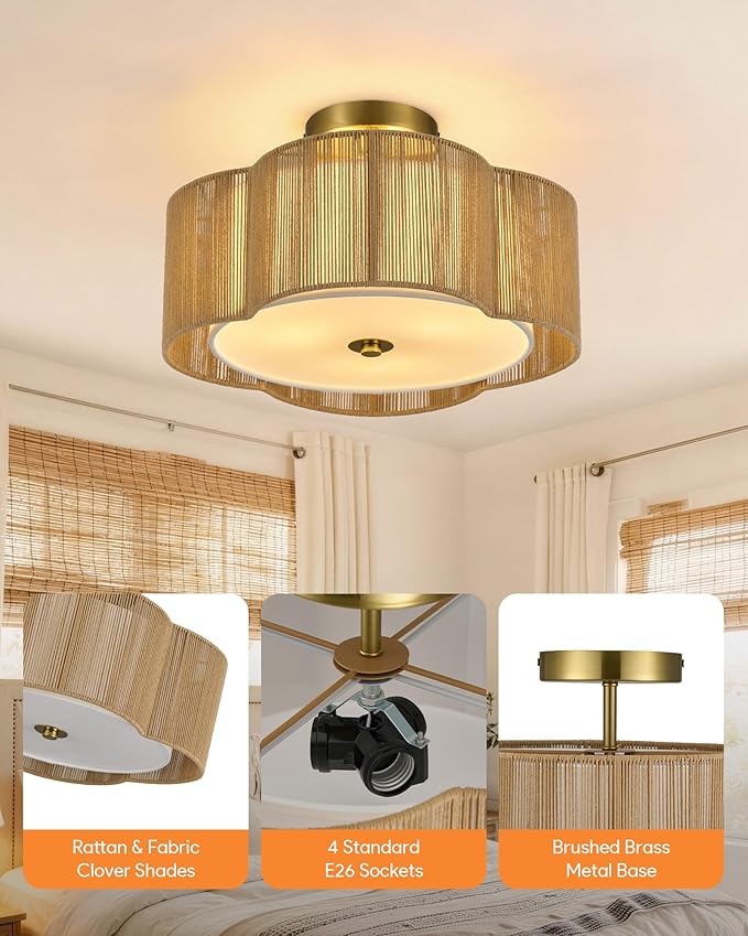 VONLUCE Semi-Flush Mount Boho Ceiling Light, 14" 4-Light Rattan Ceiling Light Fixture with 2 Tier Rattan Fabric Clover Shade, Lighting for Bedroom Dining Living Room, Gold Finish, ETL Certificated