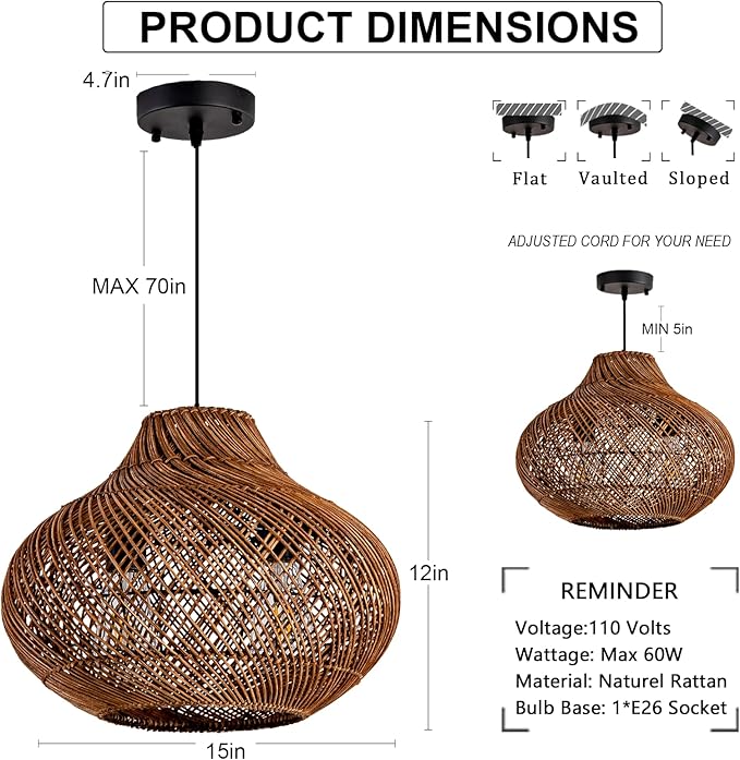 15in Rattan Light Fixture, 2-Light Wicker Woven Chandelier Rustic Pendant Lights Rattan Hanging Lamp for Kitchen Island Dining Room Yard Restaurant Garden Design
