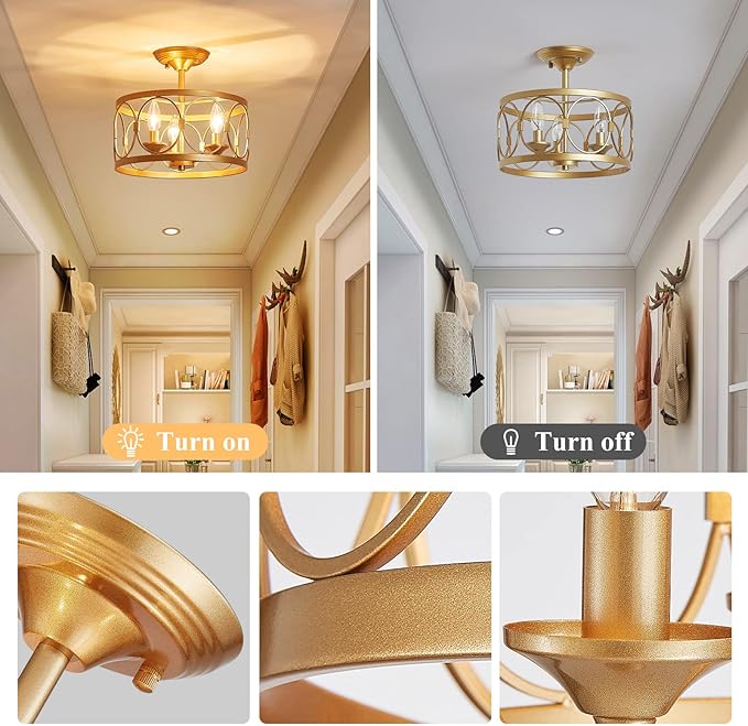LOOYD 3-Light Semi Flush Mount Ceiling Light Fixture, Farmhouse Ceiling Light for Kitchen Bedroom, Living Room, Kitchen, Hallway (Gold)