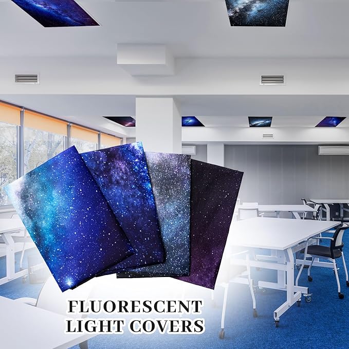 ROCEEI 8 Pack Fluorescent Light Covers, 4 x 2 Feet Magnetic Galaxy Covers Bulk for Ceiling Classroom Light, Reduce Glare, Easy Install, Filters for School, Home, Office, Hospitals Cubicle Decor