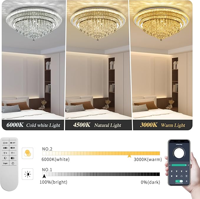 40 inch Crystal Silver Ceiling-Light Flush Mount With Remote Control and APP, 3CCT Dimmable & Brightness Adjustable, Modern Crystal Raindrop Chandeliers for Bedroom Hallway Dinning Room Living Room