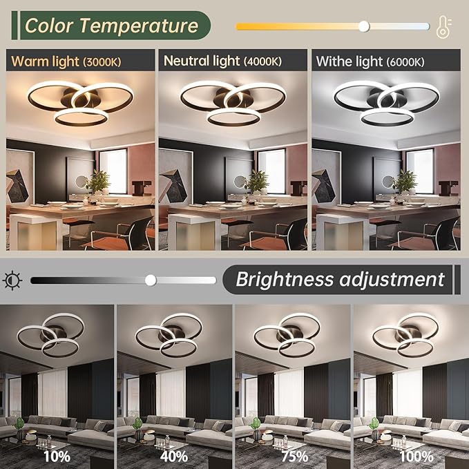 Modern Led Ceiling Light Fixtures with Remote Control, Dimmable Flush Mount Ceiling Light for Bedroom, Living Room, Dining Room, Kitchen (Black, 3000K-6500K)