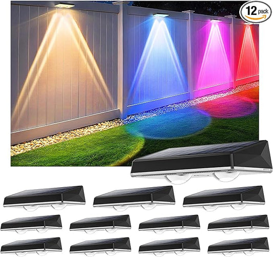 Solar Fence Lights Outdoor - 12 Pack RGB Fence Lights Solar Powered, 7 Color Modes & Warm White, IP67 Waterproof Dusk to Dawn Solar Powered Lights 12+ Hours for Fence/Backyard/Wall/Step/Patio/Deck