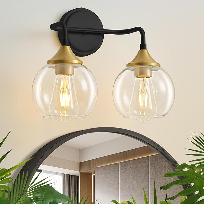 Black and Gold Bathroom Vanity Light with Clear Glass Shade, E26 Base, 2-Light Bathroom Light Fixtures Over Mirror, 14 Inch Vanity Lights for Bathroom (Exclude E26 Bulb)