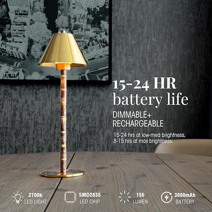 Bamboo Cordless LED Table Lamp – Rechargeable 24-Hour Battery, Dimmable Warm Light, 15" Portable Wireless Lamp with Remote for Indoor/Outdoor Use, Home, Patio, Restaurant – Polished Gold