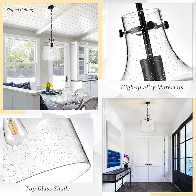 CATINER 12" Black Seeded Glass Pendant Light, Modern Farmhouse Hanging Ceiling Light Fixture for Kitchen Island, Dining Room, Hallway, Hand-Blown Bubble Glass Shade, E26 Dimmable Pendant Lighting